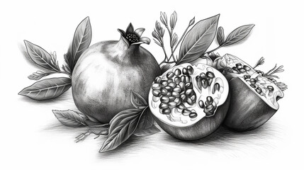 Black & White Hand Drawing Of Pomegranate With Leaves On Isolated Background, Generative Ai