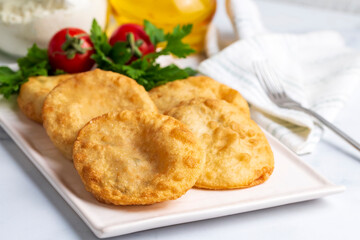 Delicious meat pie from Turkish cuisine. Fried handmade pies. Turkish name; fincan boregi or puf borek