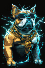 Cool bulldog wears sunglasses logo design on isolated black background. For Logo, Wallpaper, Banner, Background, Card, Book Illustration, T-Shirt Design, Hoodie, Sticker, Cover, etc. Generative AI