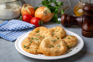 Delicious meat pie from Turkish cuisine. Fried handmade pies. Turkish name; fincan boregi or puf...