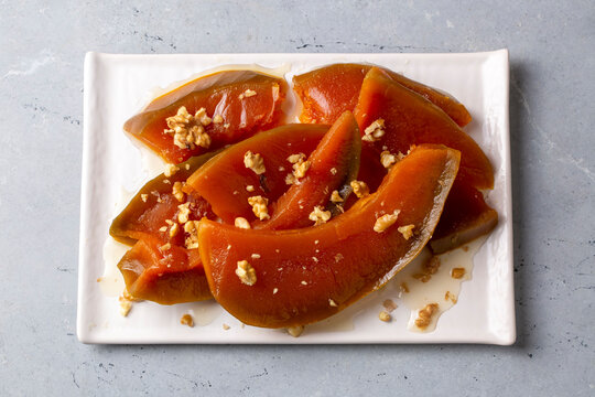 Traditional delicious Turkish cuisine; Pumpkin dessert or jam (Turkish name; Kirecte kabak receli or kabak tatlisi)