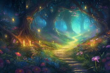 Obraz na płótnie Canvas Dreamland, fantasy enchanted forest with many fireflies glowing. Fairy tale concept. Post-processed generative AI 