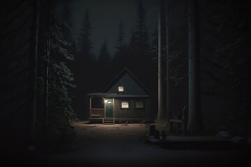 Forest cabin in the dark woods at night, 
like a terror