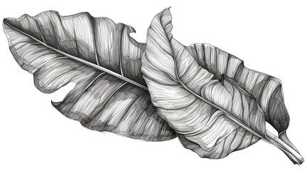 Black & White Hand Drawing Of Banana Leaves On Isolated Background, Generative Ai