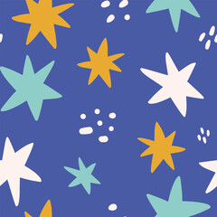 Vector hand-drawn color seamless childish simple pattern for kids with cute star. Baby pattern with night sky. Fabric design. Wallpaper. Kids room design.