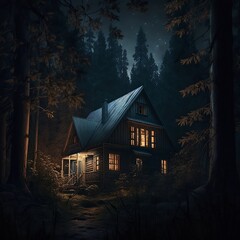 Forest cabin in the dark woods at night, 
like a terror