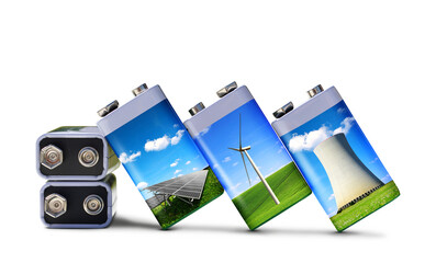 Battery with solar panels, wind turbines and nuclear power plant isolated on transparent background, PNG. Energy resources concept.