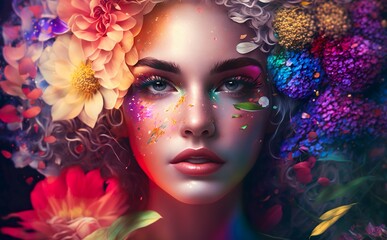 portrait of a woman with makeup and colorful flowers (Generative AI)