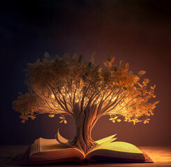 Tree growing from the pages of a book representing genealogy and ancestry family tree research, generative AI, 