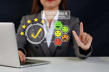 Smart customer woman hands pressing on online application screen with excellent 5.0 rating for service evaluation on smartphone virtual touch screen. Customer satisfaction survey experience concept.