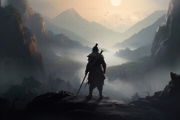 Rear view of warrior with sword standing on mountain, heroic adventure. Fantasy illustration. Generative AI - obrazy, fototapety, plakaty