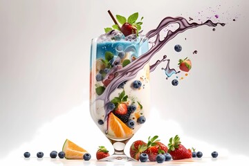Fototapeta na wymiar Splash of milkshake with pieces of fresh fruit. White background, isolated. Ai generative