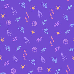 Seamless pattern with doodle elements in purple tones in doodle style.