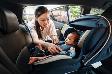 happy mother is fastening safety belt to newborn baby in car seat - Powered by Adobe