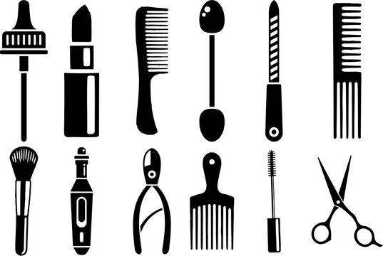 Set of hairdressing barber tools on white background. Hair saloon icons symbol of beauty and style.
