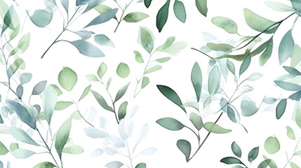 Fototapeta na wymiar Watercolor seeded eucalyptus seamless pattern. Watercolor floral frame or border with green leaves and branches, for wedding stationary, greetings, wallpapers, fashion, background. Generative Ai