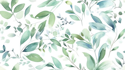 Watercolor seeded eucalyptus seamless pattern. Watercolor floral frame or border with green leaves and branches, for wedding stationary, greetings, wallpapers, fashion, background. Generative Ai
