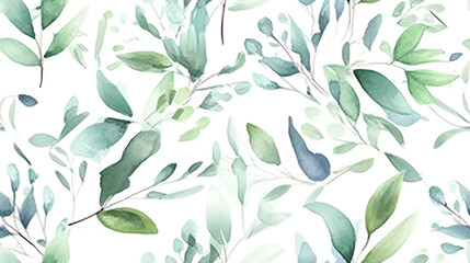 Fototapeta premium Watercolor seeded eucalyptus seamless pattern. Watercolor floral frame or border with green leaves and branches, for wedding stationary, greetings, wallpapers, fashion, background. Generative Ai