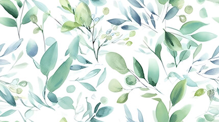 Plakat Watercolor seeded eucalyptus seamless pattern. Watercolor floral frame or border with green leaves and branches, for wedding stationary, greetings, wallpapers, fashion, background. Generative Ai