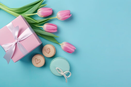 Top view photo of a bouquet of pink tulips, heart-shaped cookies, and gift boxes with ribbon bows on an isolated pastel blue background for Mother's Day concept. 