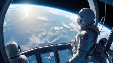 Commercial space travel scene with tourists enjoying the view of Earth from a futuristic spacecraft in orbit - Generative AI - obrazy, fototapety, plakaty