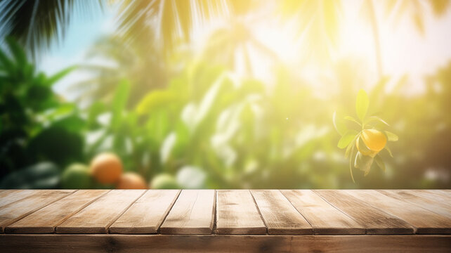 Wooden table in the garden with blur background. Blurred Summer Background Free Space 