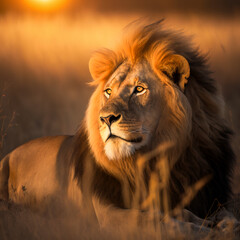 Golden Savannah Majesty: Capturing the Lion's Regal Essence at Sunset - AI-Generated