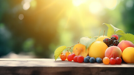 Fruits display on the wooden table with blur background. Blurred Summer Background Free Space 