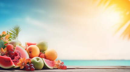 Fruits display on the wooden table with blur background. Blurred Summer Background Free Space 