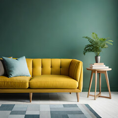 Photo golden lines on green wallpaper a table a chair and a vase with minimalist style ai generated