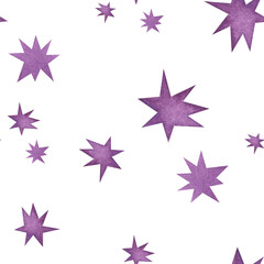Fototapeta na wymiar Seamless pattern of purple stars. Astronomy. Watercolor illustration on isolated white background. For wallpaper design, paper packaging, textile.