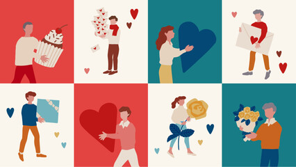 Obraz na płótnie Canvas 婚活・ラブレターなど愛を送り合う男女のヘッダーベクターイラスト素材 Header vector flat illustration of a man and woman sending each other love letters, etc.