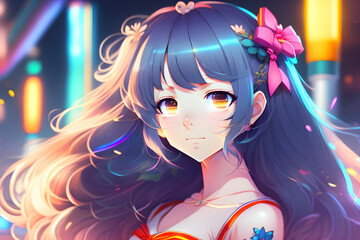 a cute magical girl idol with a long wavy colorful hair wearing a colorful dress, realistic light and shadow effects, neon lights, anime style, vivid, expressive, 4k, painting, Generative AI