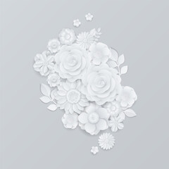 White paper flowers wreath on gray background