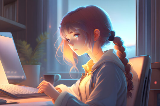 lofi Anime Girl is programming at a computer, cozy, dramatic lighting,  highly detailed, incredible quality, trending on artstation, masterpiece,  8k, woman working on laptop, wallpaper, Generative AI Stock-Illustration |  Adobe Stock