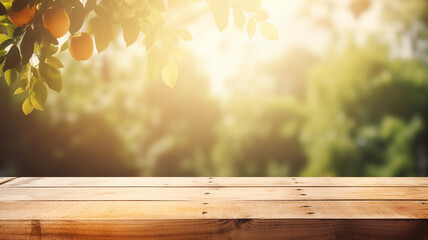Empty wooden table with blur background. Blurred Summer Background Free Space 