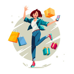 woman with a smart phone Shopping online Flat vector illustration.