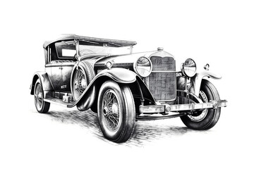 Fototapeta premium Illustration of a black and white sketch of classic car, AI-Generated image.