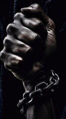 Fototapeta na wymiar A Low-Key Photography of a Raised Fist in chains. Gen AI