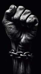 Fototapeta na wymiar A Low-Key Photography of a Raised Fist in chains. Gen AI