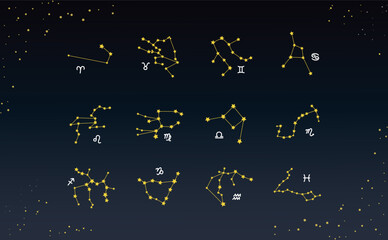 黄道12星座の星座線と手描きシンボルマークの描かれた星空のアイコンイラスト