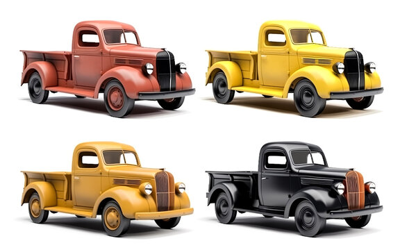 Illustration of colorful vintage trucks on white background, AI Generated image.