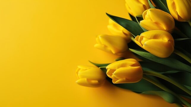 Yellow tulip bouquet, spring flowers on a pastel light yellow background with copy space. Mother’s day, Easter, Valentine’s Day, international women’s day, AI generative