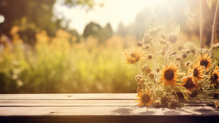 Sunflower on the wooden table with blur background. Blurred Summer Background Free Space 