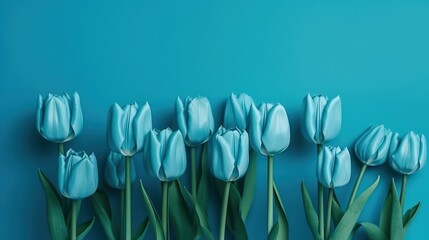 Blue tulip bouquet, spring flowers on a pastel light blue background with copy space. Mother’s day, Easter, Valentine’s Day, international women’s day, Generative AI