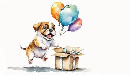 Birthday card with puppy dog with balloon  in watercolor style. AI generated.