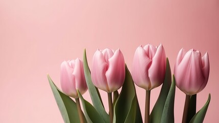 Fototapeta premium Pink tulip bouquet, spring flowers on a pastel light pink background with copy space. Mother’s day, Easter, Valentine’s Day, International women’s day, Generative AI