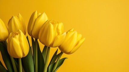 Yellow tulip bouquet, spring flowers on a pastel light yellow background with copy space. Mother’s day, Easter, Valentine’s Day, international women’s day, Generative AI