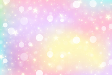 Obraz premium Rainbow unicorn background. Pastel gradient color sky with glitter. Magic galaxy space and stars. Vector abstract pattern.