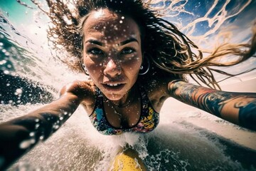 Beautiful girl surfer in the water in motion, she is overwhelmed with emotions. Extreme sport. Go pro wide angle shot. Ai generated